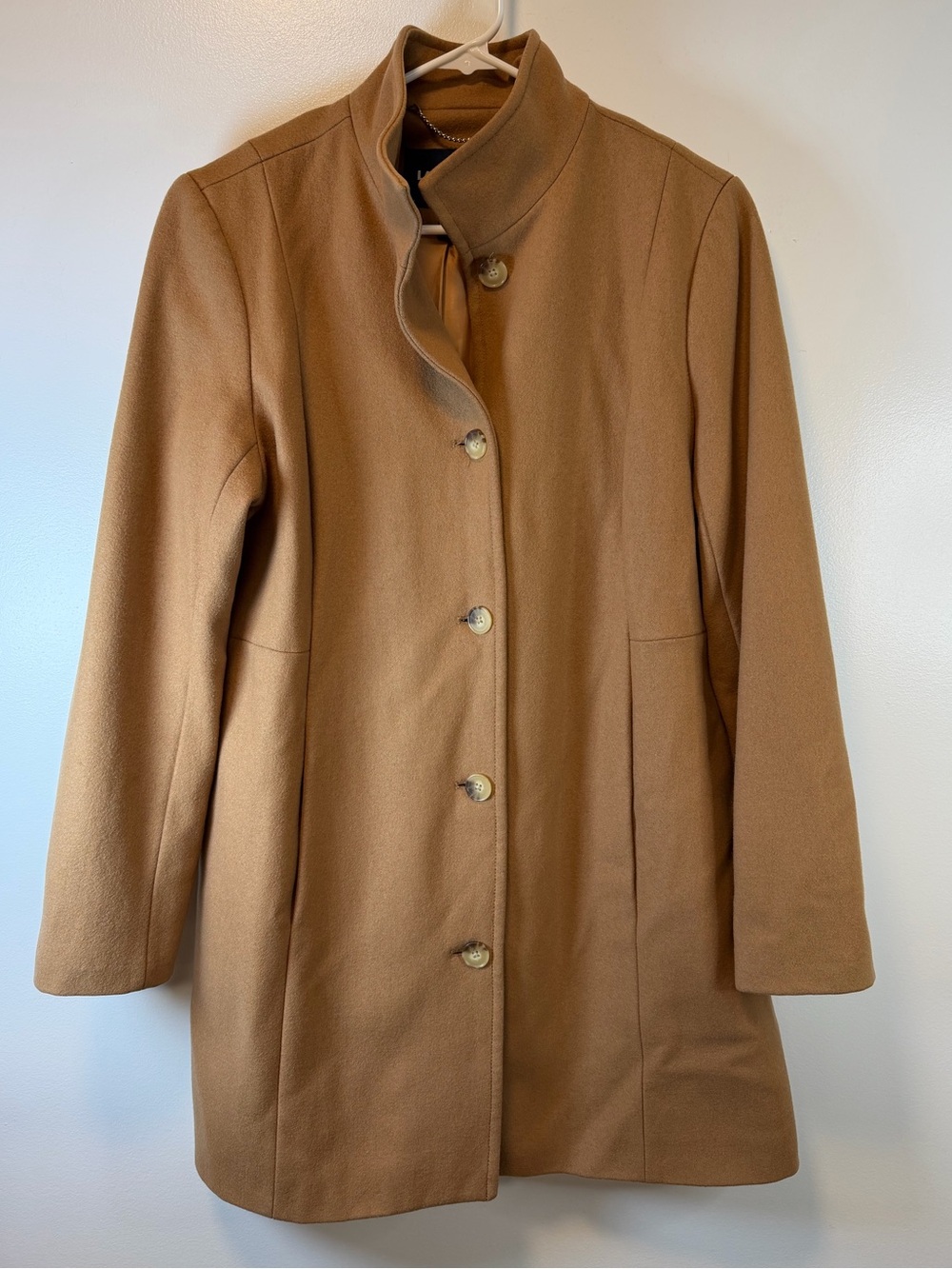 Lands’ End Camel Wool-Blend Stand-Collar Car Coat Mid Length Women’s Size 14